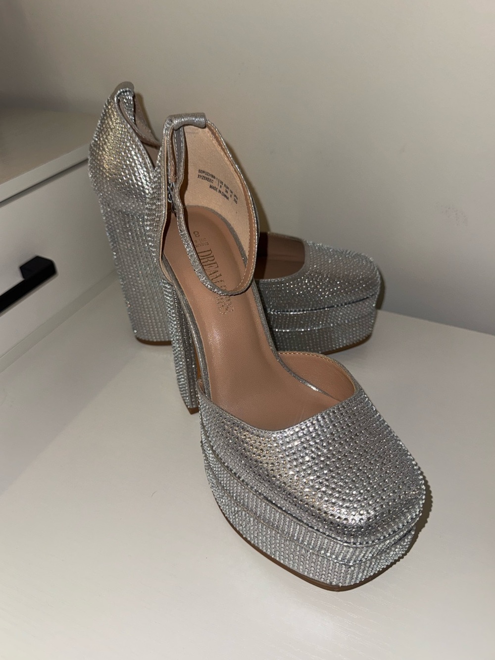 Dream Pairs Silver Crystal Platform Heels with Ankle Strap - Size 8